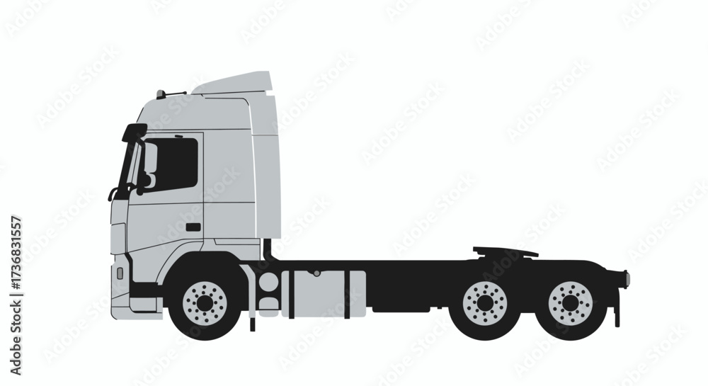 Obraz premium A modern grey semi-truck tractor unit, designed as a clean vector illustration, awaits a trailer for long-haul transportation on a white background.