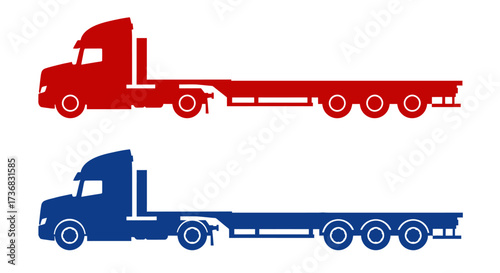 Set of two flatbed semi-trailer trucks, one red and one blue, depicted as vector graphics on a white background for easy use.