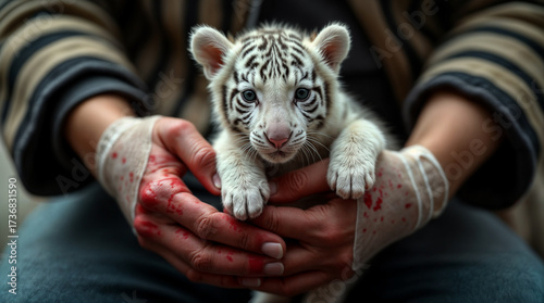 A person holds a white tiger cub in their hands, which are wrapped in bandages. The cub has distinct black stripes on its fur.