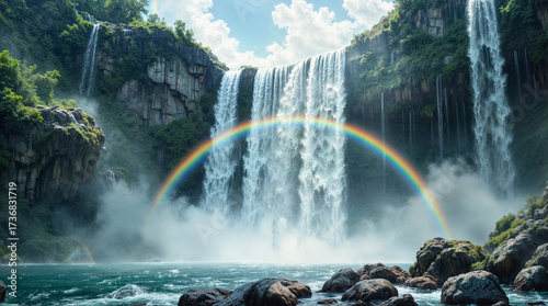 a majestic waterfall with a rainbow forming behind it. The scene is set in a lush, green environment with cliffs and trees surrounding th