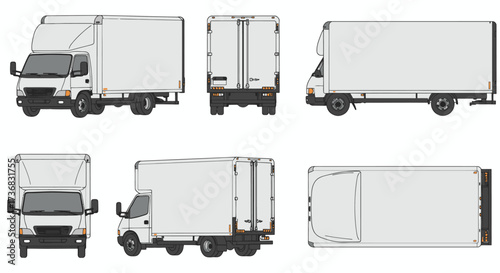 Detailed vector illustration showcasing a white delivery trailer from multiple angles, providing a comprehensive view for design and logistical applications, suitable for commercial use.