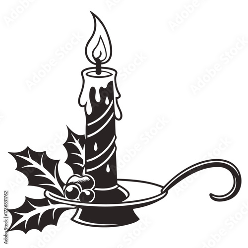 Elegant christmas candle silhouette with dripping wax and glowing flame
