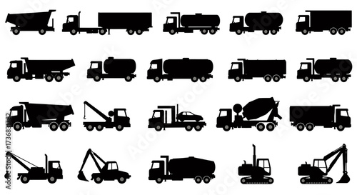 A comprehensive collection of diverse heavy-duty truck and construction vehicle silhouettes, presented as clean, scalable vector graphics on a white background.