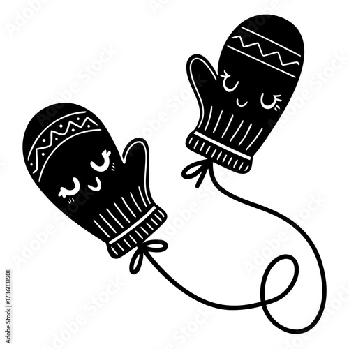 Cute black silhouette of two mittens holding hands in a heart shape