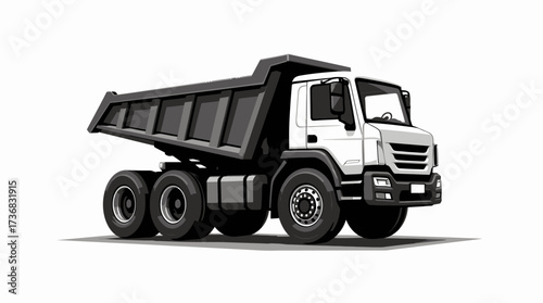 A detailed vector illustration of a modern white and black dump truck, a heavy transport vehicle, isolated on a clean white background.