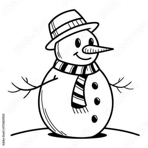 Flat design vector icon of a cute snowman with a carrot nose and a scar
