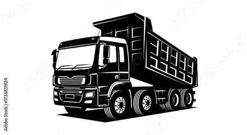 A powerful black and white vector illustration of a heavy-duty dump truck, perfect for construction, transportation, and industrial design projects.