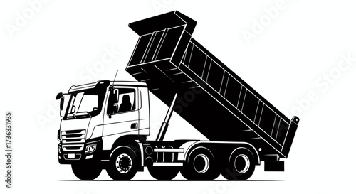 A crisp black and white vector illustration depicting a modern heavy-duty dump truck with its tipper bed raised, isolated on a pure white background.