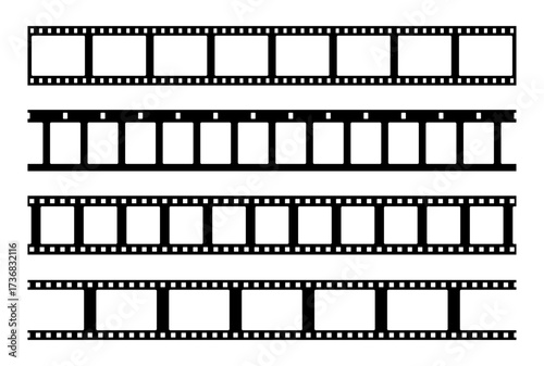 Camera reel, film strip, movie reel, camera roll, photo frame seamless border set vector illustration