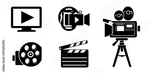 Collection of black and white film equipment vector icons on white background. Concept for entertainment industry, cinema production and multimedia applications