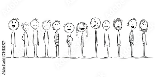 Line of cartoon stick figures displaying various emotions in hand-drawn style, concept for emotional intelligence, mental health awareness and social communication dynamics