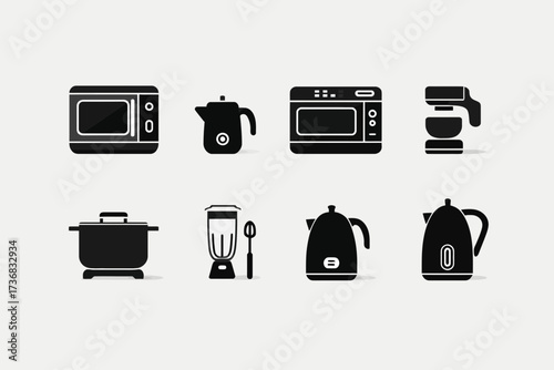A variety of black kitchen appliance icons arranged on a plain background, in flat style. Concept for kitchenware design, cooking related website elements and household supplies presentation