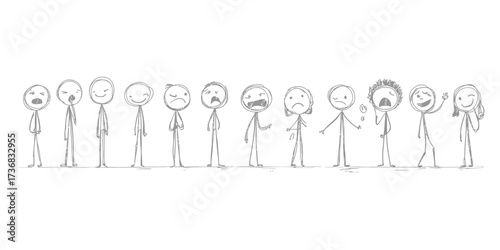 Illustration of stick figures showing different emotions and expressions in a row, concept for emotional intelligence, communication skills and psychological evaluation
