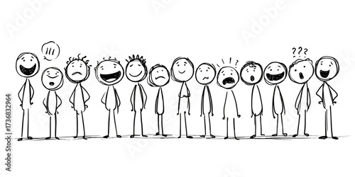 Diverse stick figures expressing range of emotions, isolated on white backdrop, in black and white sketch style. Concept for teamwork visualization, feelings representation and crowd analysis