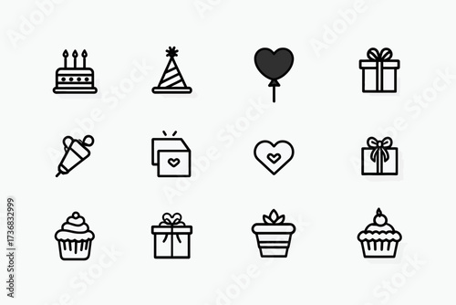 Collection of line icons representing birthday party elements on a white background, concept for invitation design, greeting cards, and party decorations