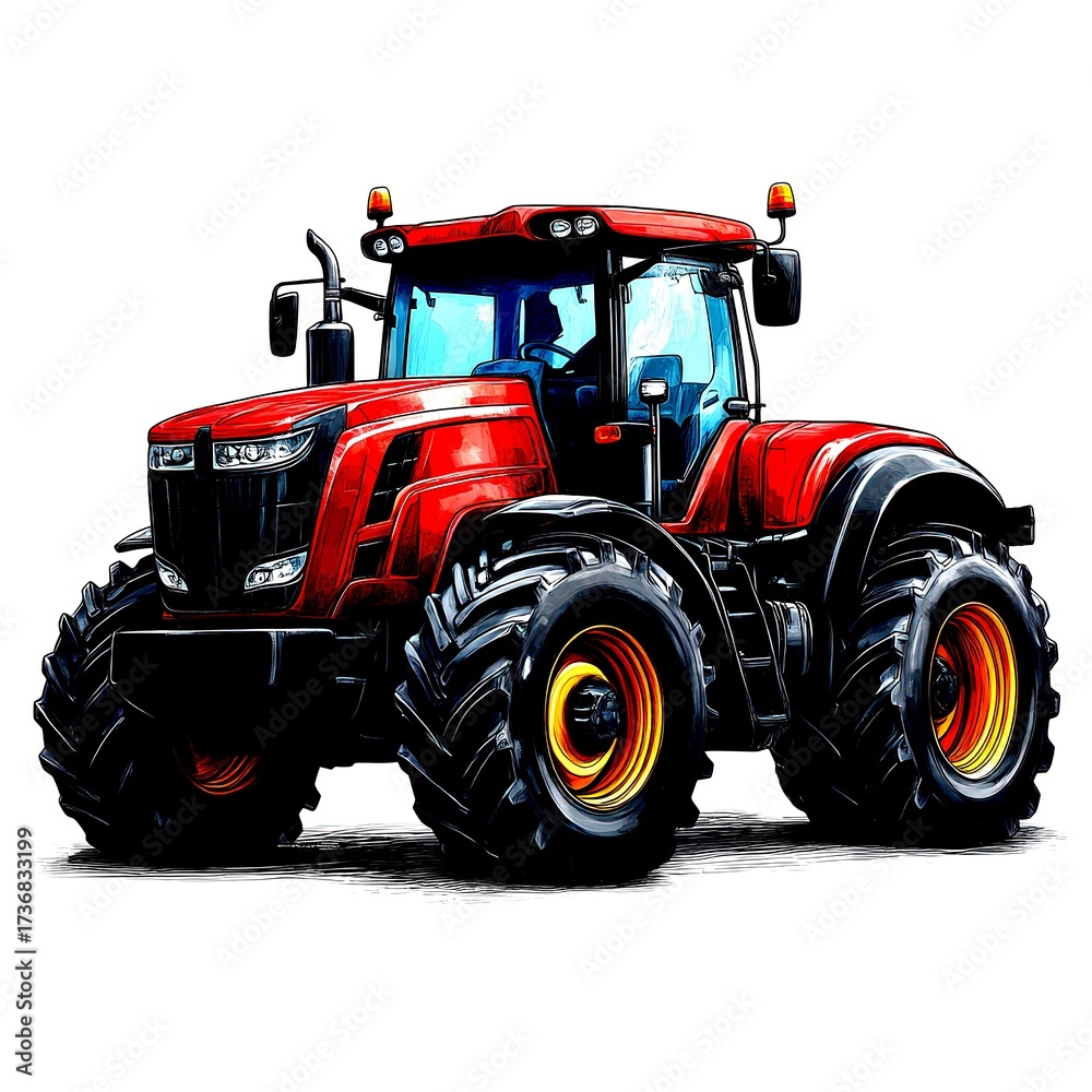 Obraz premium Modern red tractor parked on farm during daylight, showcasing sturdy design and powerful tires for agricultural tasks - High Contrast