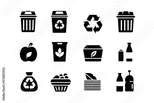 Collection of black glyph vector icons representing waste management and recycling signs on a white background, concept for environmental awareness, waste reduction and resource conservation
