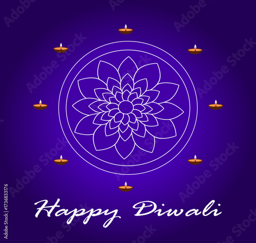 Diwali card with rangoli, diyas and the inscription "Happy Diwali"