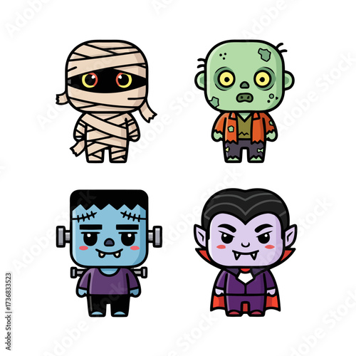 Collection cute cartoon monsters including mummy, zombie, frankensteins monster, and vampire, for halloween
