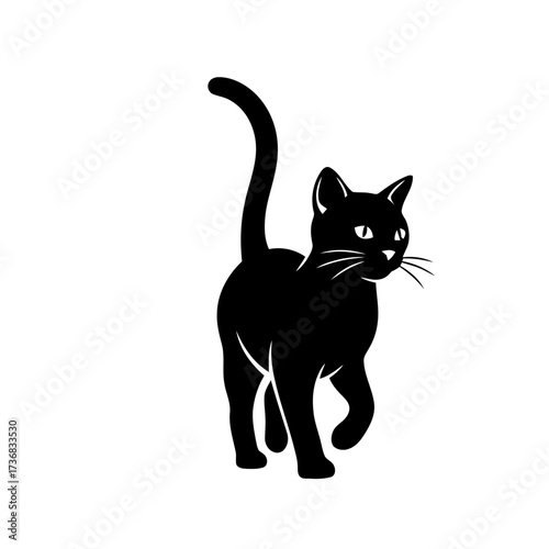 Silhouette black cat with its tail raised, walking gracefully, isolated on transparent, symbolizing mystery and good luck