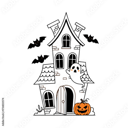 Simple cartoon haunted house with ghost, bats, and pumpkin