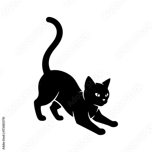 Black cat silhouette in playful stretching pose with curved tail
