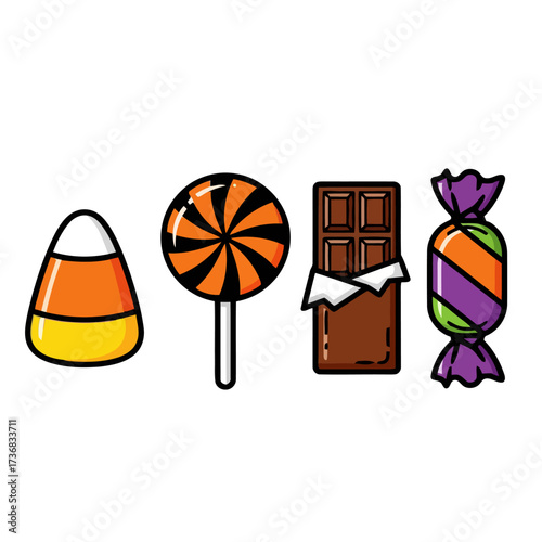 Collection halloween candies including candy corn, lollipop, chocolate bar, and wrapped candy