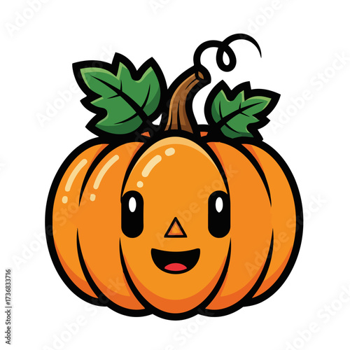Wallpaper Mural Happy cartoon pumpkin with carved face, green leaves, and curly stem Torontodigital.ca