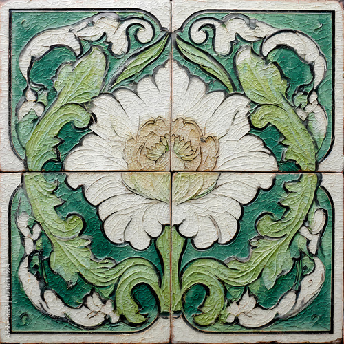 Floral Tile Art Nouveau Design with Green Leaves