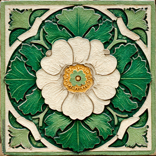 Intricate Floral Tile Design with White Flower and Green Foliage