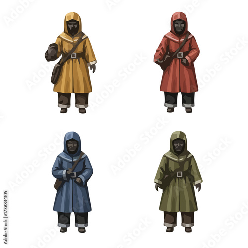 Four stylized figures in hooded cloaks and masks, each in different color yellow, red, blue, and green