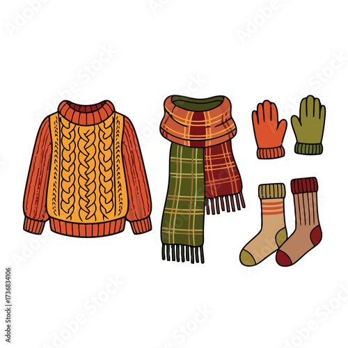 Cozy autumn clothing set including cable knit sweater, plaid scarf, pair gloves, and two pairs socks