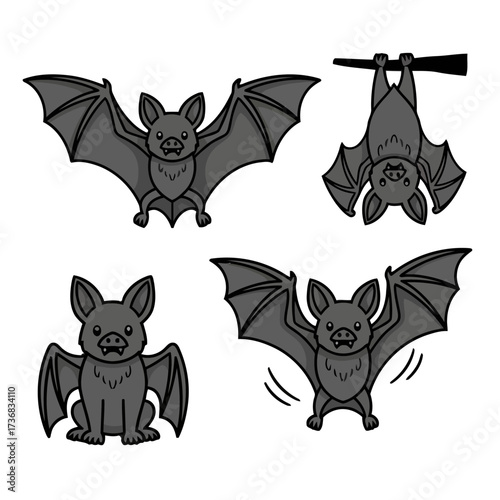 Collection four cartoon bats in various poses, including flying, hanging upside down, and sitting