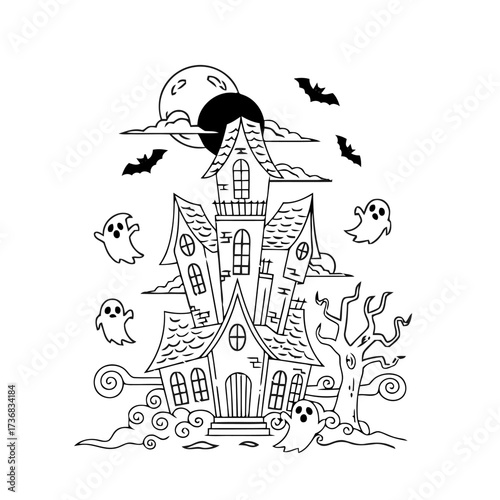 Black and line haunted house with ghosts and bats flying around under the moon, ideal for halloween coloring pages