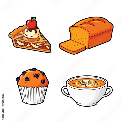 Collection baked goods and soup, including slice apple pie, loaf bread, blueberry muffin, and bowl soup