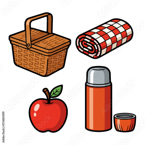 Collection picnic items including basket, checkered blanket, an apple, and thermos