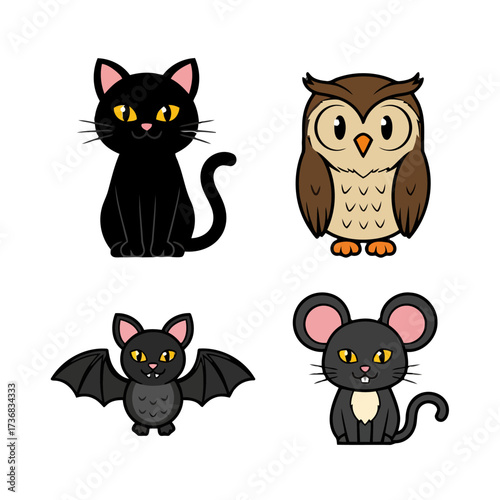 Cute cartoon black cat, owl, bat, and mouse characters