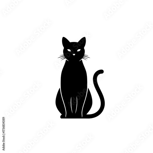 Silhouette black cat sitting with its tail curled, featuring glowing eyes, isolated on plain transparent