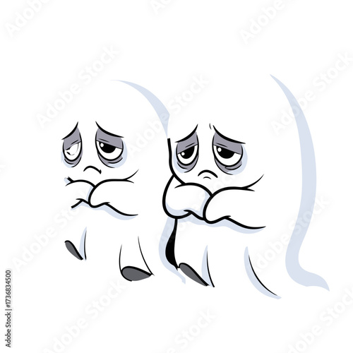 Two sad cartoon ghosts looking distressed and upset, , conveying feeling melancholy and unhappiness