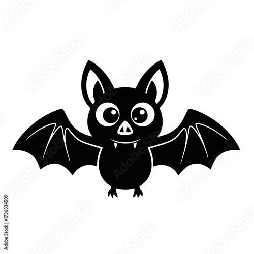 Cute, cartoon black bat with large eyes and spread wings, isolated on transparent