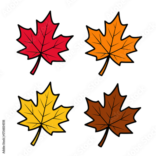 Four stylized maple leaves in red, orange, yellow, and brown