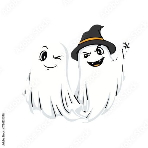 Two playful cartoon ghosts, one winking and the other wearing witch hat