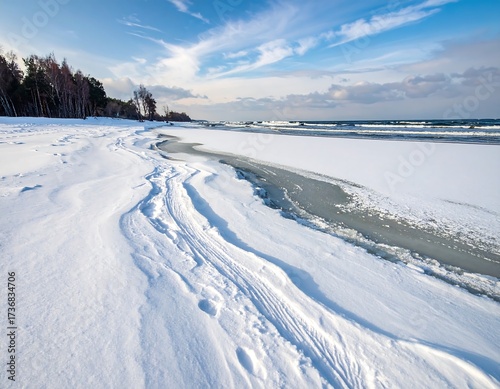 A winter wonderland scene of a snowy beach with icy water flowing through, showcasing beautiful patterns in the snow.