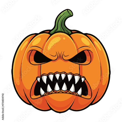 Cartoon an angry jackolantern with fierce expression and sharp teeth, isolated on transparent
