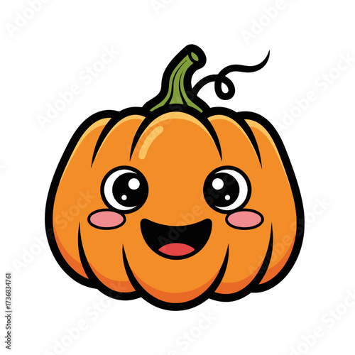 Cute cartoon pumpkin character with happy face, big eyes, and rosy cheeks