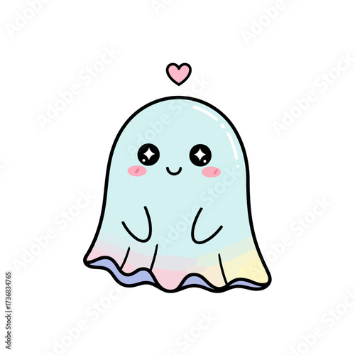 Adorable kawaii ghost with blushing cheeks and heart above its head