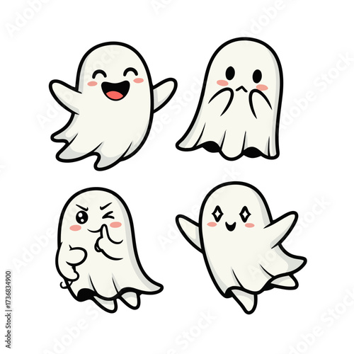 Set four adorable cartoon ghosts with different expressions and poses