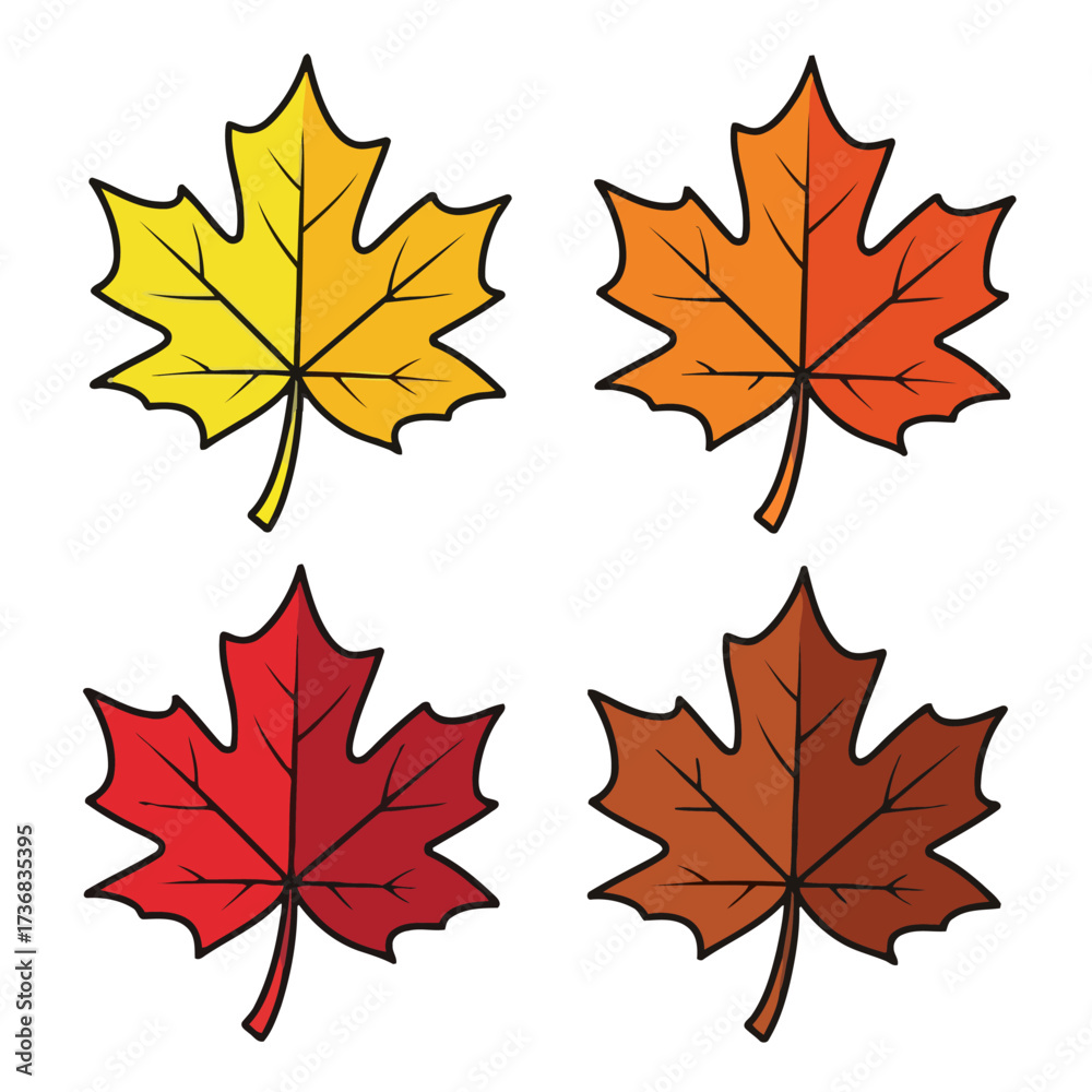 Fototapeta premium Four colorful maple leaves in yellow, orange, red, and brown