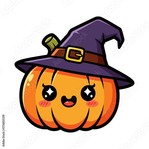 Adorable kawaii pumpkin wearing witch hat with happy face and sparkling eyes, ideal for halloween and autumn themes