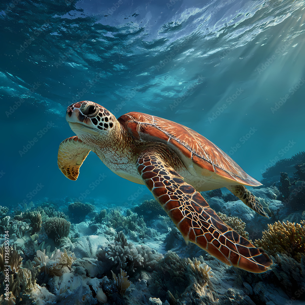 Obraz premium Sea Turtle Swimming Gracefully Underwater in a Coral Reef Ecosystem